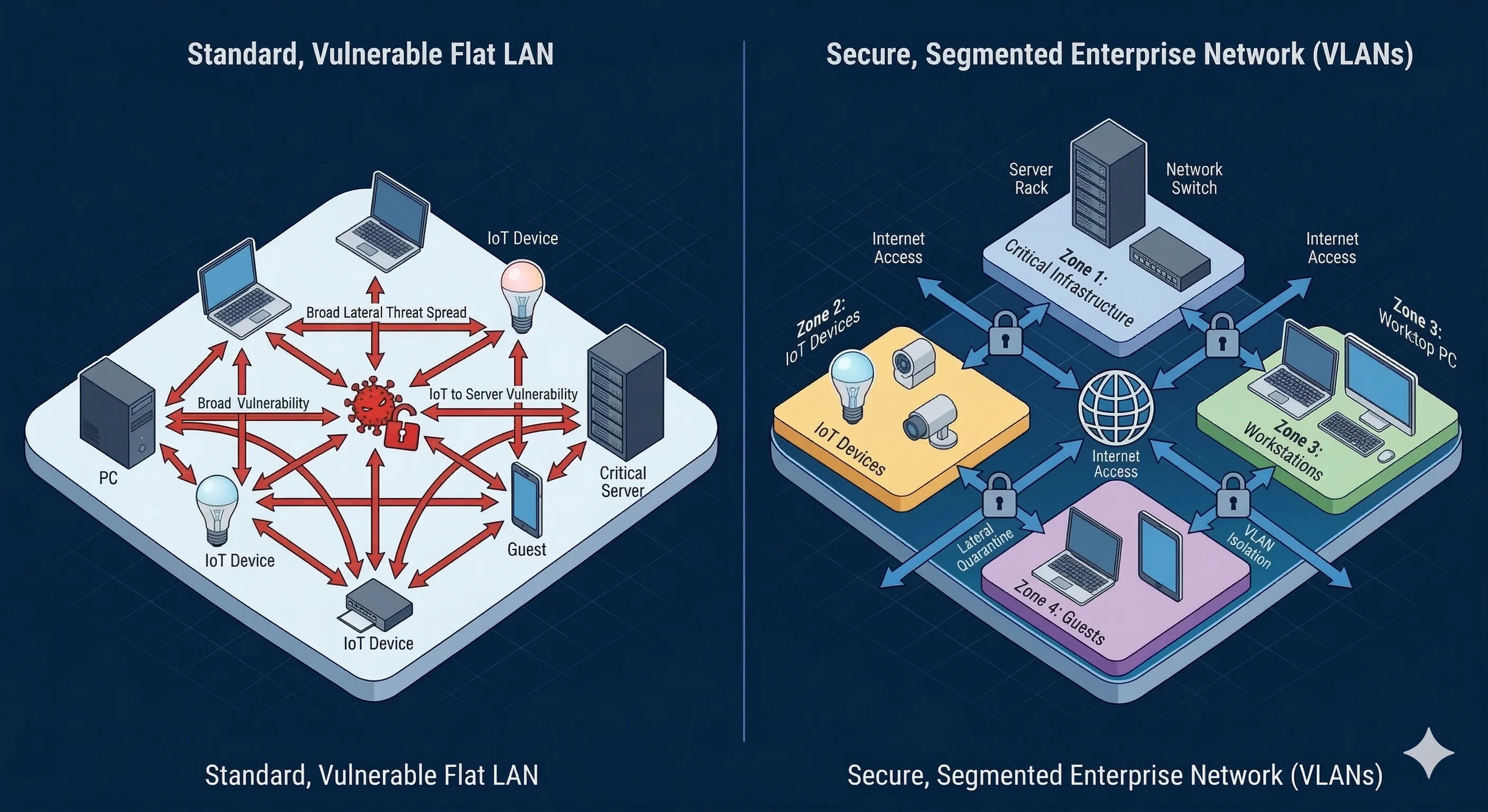 Visual comparison of a standard flat LAN versus a segmented network